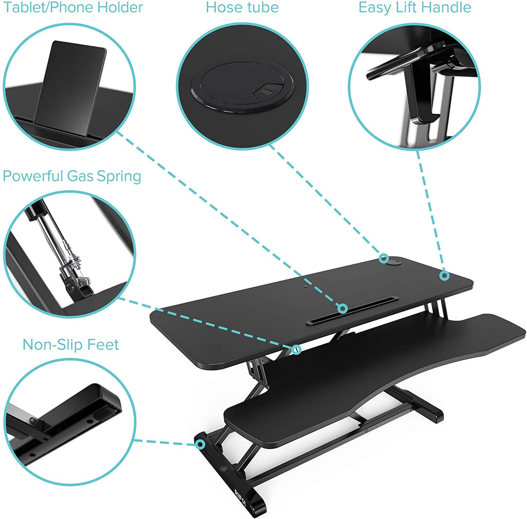 Height Adjustable Standing Desk 37 inch with concealed handles key features phone holder hose tube easy lift non slip