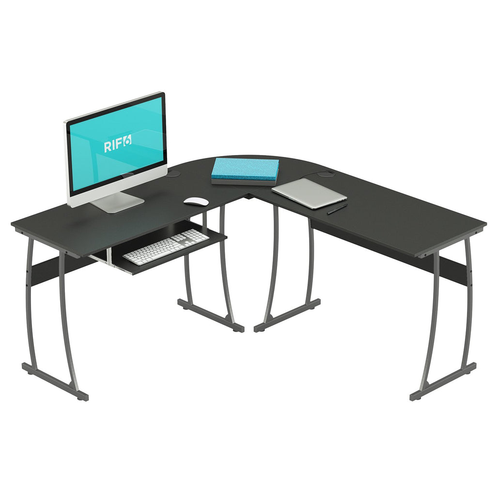 L-Shaped Compute Desk set up with screen laptop keyboard