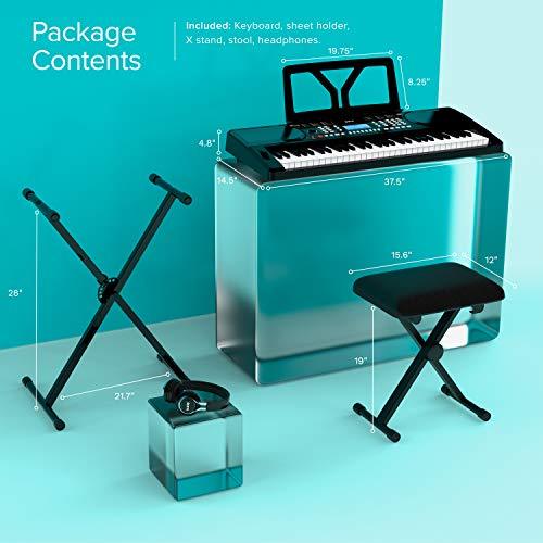 Portable 61 Key Electronic Piano Keyboard package contents including keyboard sheet holder stand stool and headphones